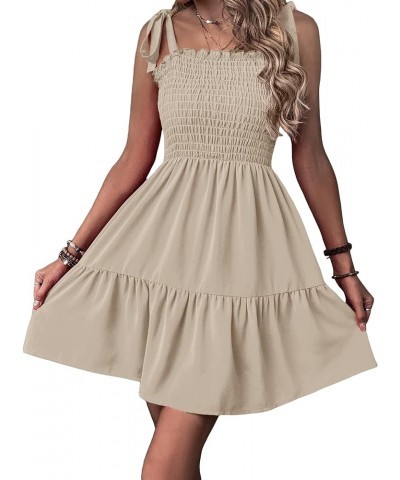 Women's Tie Shoulder Smocked Shirred Ruffle Hem Sleeveless A Line Swing Short Dress Z Khaki $20.09 Dresses