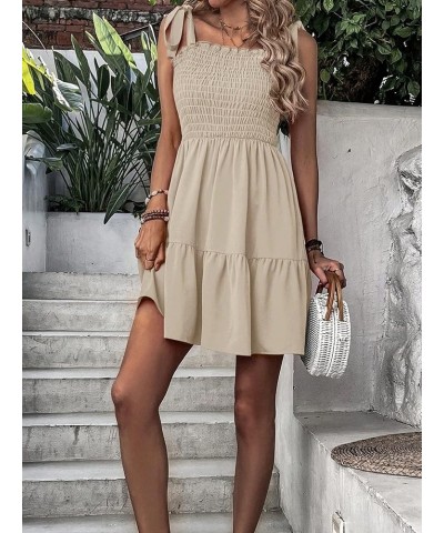 Women's Tie Shoulder Smocked Shirred Ruffle Hem Sleeveless A Line Swing Short Dress Z Khaki $20.09 Dresses