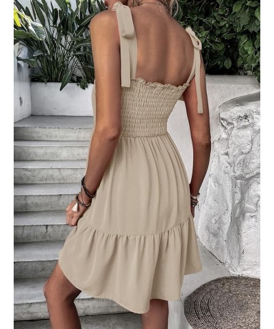 Women's Tie Shoulder Smocked Shirred Ruffle Hem Sleeveless A Line Swing Short Dress Z Khaki $20.09 Dresses