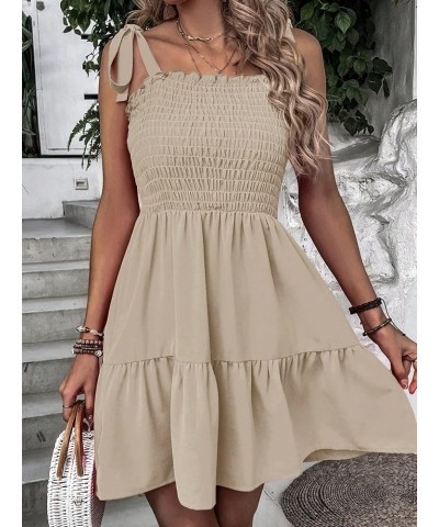 Women's Tie Shoulder Smocked Shirred Ruffle Hem Sleeveless A Line Swing Short Dress Z Khaki $20.09 Dresses