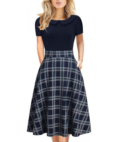 Women's Elegant Vintage Cotton Casual Floral Print Work Party Peter Pan Collar A-Line Dress with Pockets 978 Navy Plaid $21.4...
