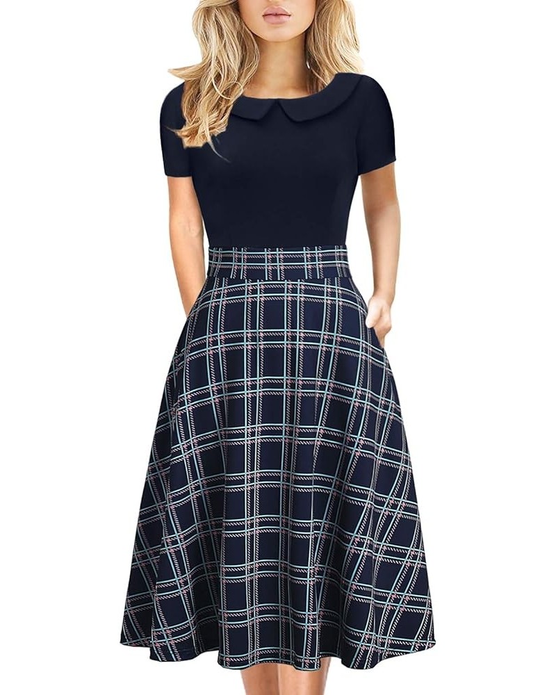 Women's Elegant Vintage Cotton Casual Floral Print Work Party Peter Pan Collar A-Line Dress with Pockets 978 Navy Plaid $21.4...