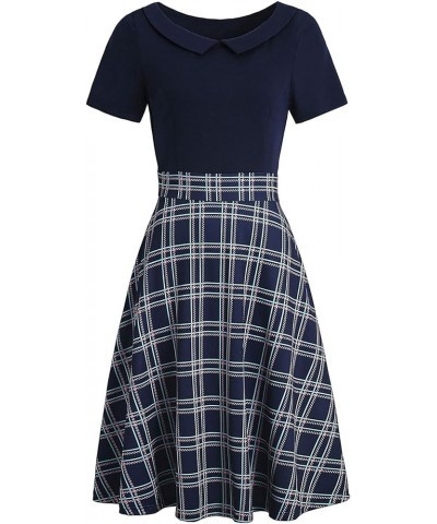 Women's Elegant Vintage Cotton Casual Floral Print Work Party Peter Pan Collar A-Line Dress with Pockets 978 Navy Plaid $21.4...