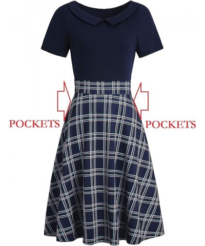 Women's Elegant Vintage Cotton Casual Floral Print Work Party Peter Pan Collar A-Line Dress with Pockets 978 Navy Plaid $21.4...