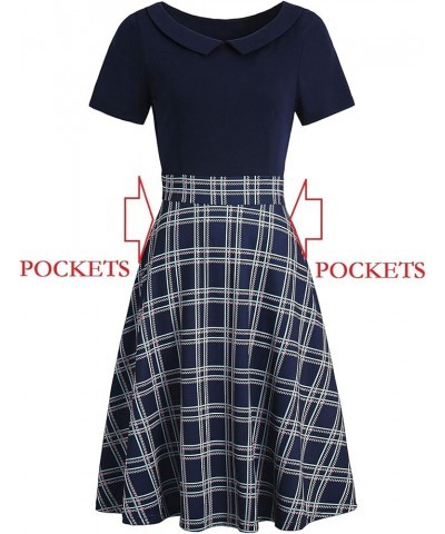 Women's Elegant Vintage Cotton Casual Floral Print Work Party Peter Pan Collar A-Line Dress with Pockets 978 Navy Plaid $21.4...