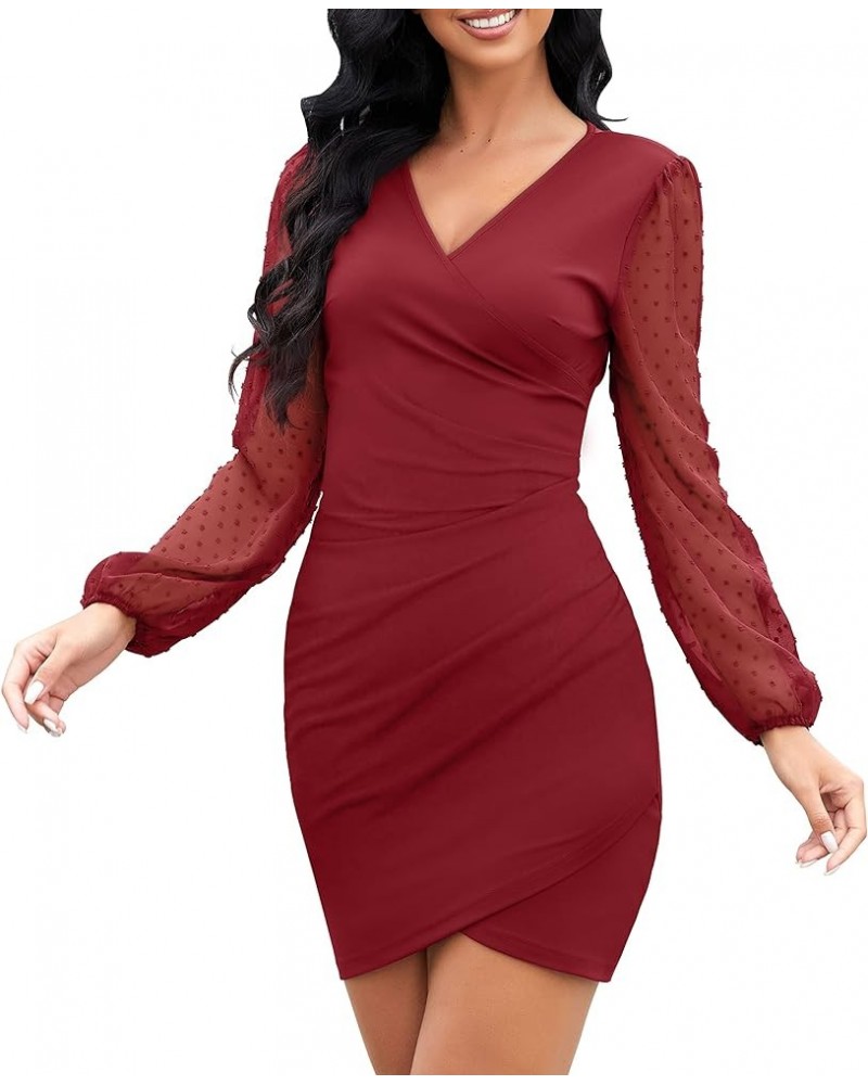 Women's Casual V Neck Pencil Party Dress Elegant Semi Formal Cocktail Dress Long Sleeve/Sleeveless XS-XXL 03-burgundy $12.30 ...