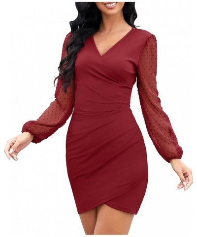 Women's Casual V Neck Pencil Party Dress Elegant Semi Formal Cocktail Dress Long Sleeve/Sleeveless XS-XXL 03-burgundy $12.30 ...