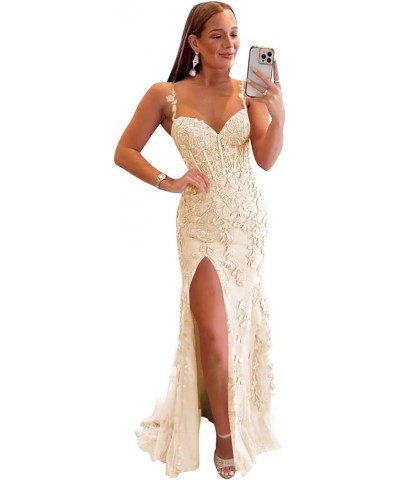 Women's Lace Mermaid Prom Dresses Long with Slit Spaghetti Straps Backless Formal Evening Gowns Champagne $43.98 Dresses