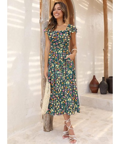 Women's Summer Floral Dress Square Neck Smocked Boho Midi Dress Ruffle Tie Back Flowy Beach Long Tiered Dress Navy Blue Flora...