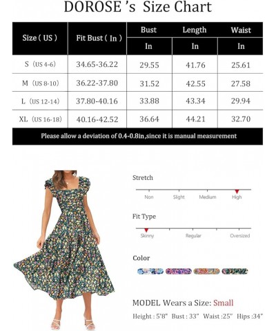 Women's Summer Floral Dress Square Neck Smocked Boho Midi Dress Ruffle Tie Back Flowy Beach Long Tiered Dress Navy Blue Flora...