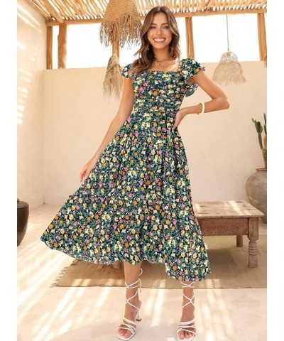 Women's Summer Floral Dress Square Neck Smocked Boho Midi Dress Ruffle Tie Back Flowy Beach Long Tiered Dress Navy Blue Flora...