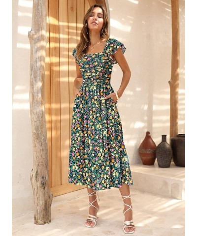 Women's Summer Floral Dress Square Neck Smocked Boho Midi Dress Ruffle Tie Back Flowy Beach Long Tiered Dress Navy Blue Flora...