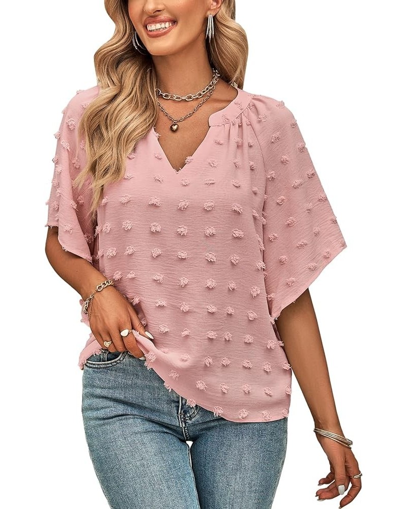 Women's Puff Sleeve Blouses Summer Chiffon Half Sleeve Swiss Dot Tops V Neck Flowy Pom Shirts Tunic Pink $10.00 Blouses