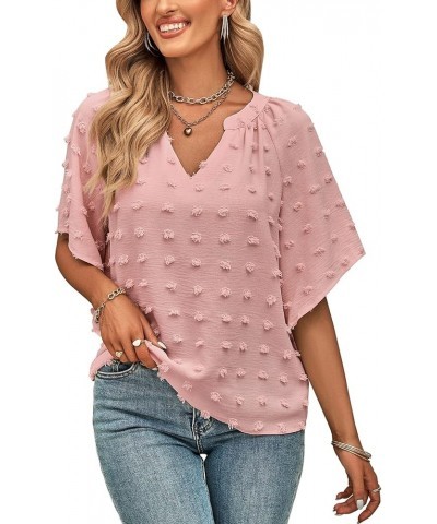 Women's Puff Sleeve Blouses Summer Chiffon Half Sleeve Swiss Dot Tops V Neck Flowy Pom Shirts Tunic Pink $10.00 Blouses