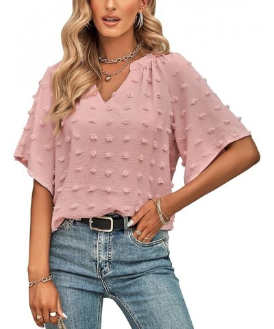 Women's Puff Sleeve Blouses Summer Chiffon Half Sleeve Swiss Dot Tops V Neck Flowy Pom Shirts Tunic Pink $10.00 Blouses