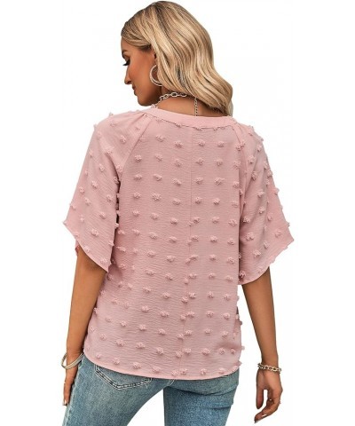 Women's Puff Sleeve Blouses Summer Chiffon Half Sleeve Swiss Dot Tops V Neck Flowy Pom Shirts Tunic Pink $10.00 Blouses