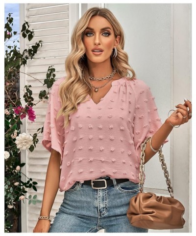 Women's Puff Sleeve Blouses Summer Chiffon Half Sleeve Swiss Dot Tops V Neck Flowy Pom Shirts Tunic Pink $10.00 Blouses