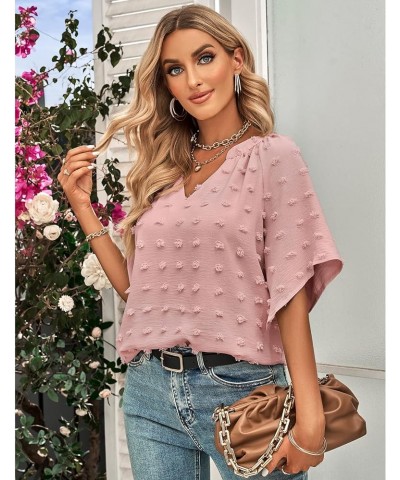 Women's Puff Sleeve Blouses Summer Chiffon Half Sleeve Swiss Dot Tops V Neck Flowy Pom Shirts Tunic Pink $10.00 Blouses