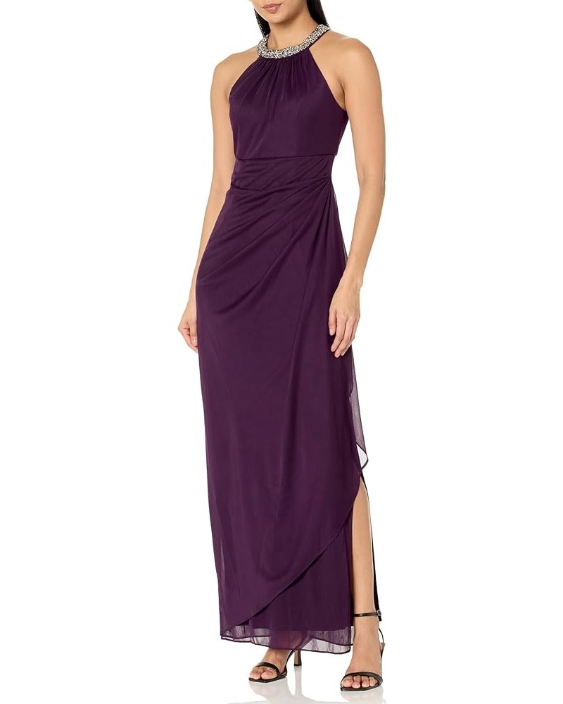 Women's Long Formal Stretch Mesh Beaded Halter Neck Dress Eggplant $83.62 Dresses