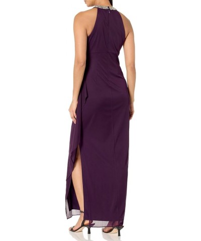 Women's Long Formal Stretch Mesh Beaded Halter Neck Dress Eggplant $83.62 Dresses