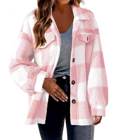 Womens Fuzzy Plaid Shacket Casual Lapel Long Sleeve Button Coat Woman Winter Warm Thick Cozy Sherpa Fleece Jacket 01 pink $5....