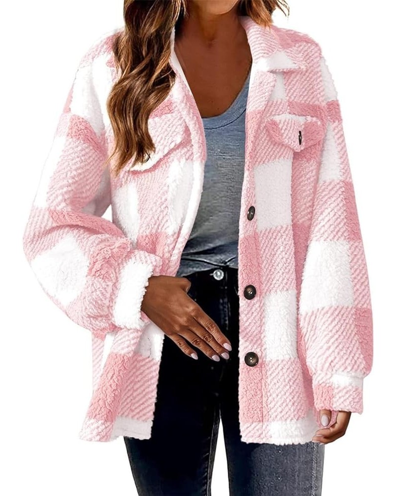 Womens Fuzzy Plaid Shacket Casual Lapel Long Sleeve Button Coat Woman Winter Warm Thick Cozy Sherpa Fleece Jacket 01 pink $5....