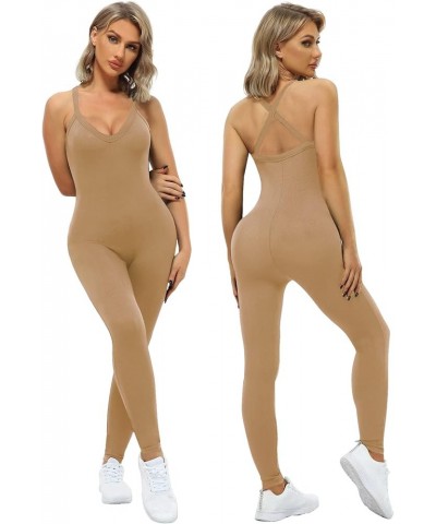 Women's Sexy Sleeveless Bodycon V Neck Tank Long Rompers One Piece Crisscross Back Jumpsuits Playsuit Clubwear Jumpsuits Khak...