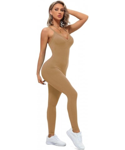 Women's Sexy Sleeveless Bodycon V Neck Tank Long Rompers One Piece Crisscross Back Jumpsuits Playsuit Clubwear Jumpsuits Khak...