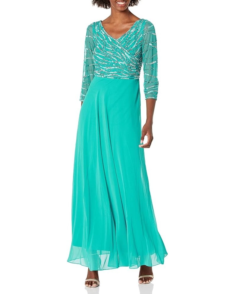 Plus Size Womens Scoop Neck Line with 3/4 Sleeve Beaded Top Long Dress Aqua Multi $67.71 Dresses