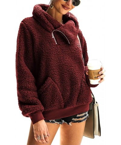 Women's 2024 Winter Lapel Fuzzy Fleece Sweatshirt Faux Shearling Zipper Warm Sherpa Pullover Outwear With Pockets Wine Red $2...