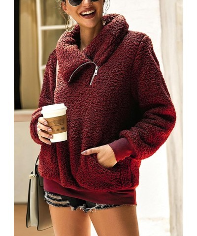 Women's 2024 Winter Lapel Fuzzy Fleece Sweatshirt Faux Shearling Zipper Warm Sherpa Pullover Outwear With Pockets Wine Red $2...