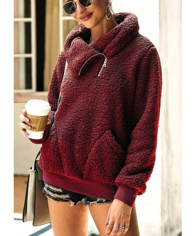 Women's 2024 Winter Lapel Fuzzy Fleece Sweatshirt Faux Shearling Zipper Warm Sherpa Pullover Outwear With Pockets Wine Red $2...