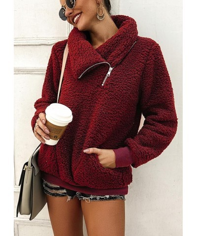 Women's 2024 Winter Lapel Fuzzy Fleece Sweatshirt Faux Shearling Zipper Warm Sherpa Pullover Outwear With Pockets Wine Red $2...