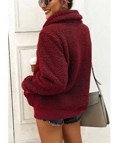 Women's 2024 Winter Lapel Fuzzy Fleece Sweatshirt Faux Shearling Zipper Warm Sherpa Pullover Outwear With Pockets Wine Red $2...