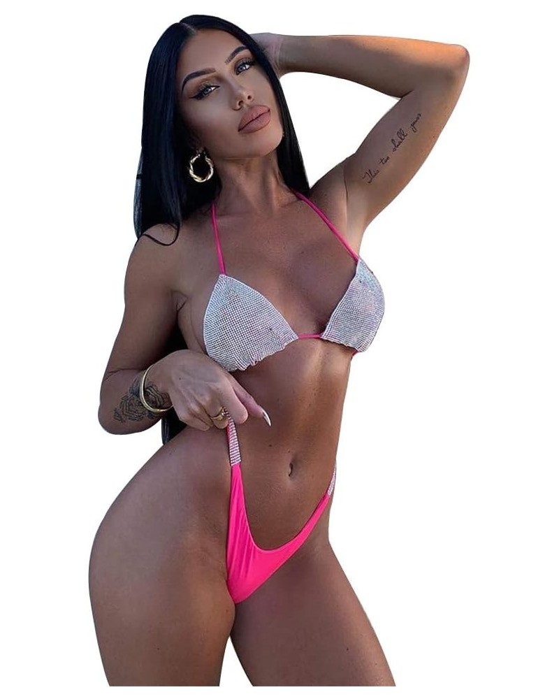 Women's Sexy Halter Thong Diamond Bikini Bottom Triangle Shiny Bikini Sexy Beach Swimsuit Pink $13.49 Swimsuits