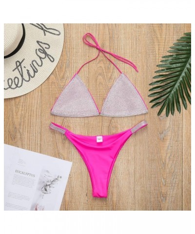 Women's Sexy Halter Thong Diamond Bikini Bottom Triangle Shiny Bikini Sexy Beach Swimsuit Pink $13.49 Swimsuits