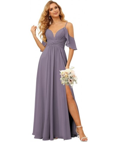 Off The Shoulder Chiffon Bridesmaid Dress with Slit A Line Empire Waist Pleats Bridesmaid Dress Long for Women RS036 Wisteria...