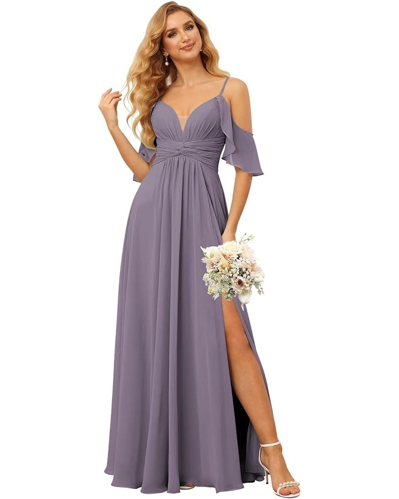 Off The Shoulder Chiffon Bridesmaid Dress with Slit A Line Empire Waist Pleats Bridesmaid Dress Long for Women RS036 Wisteria...