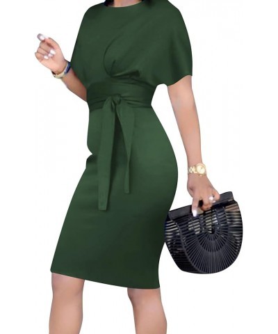 Women's Crewneck Batwing Short Sleeve Bodycon Work Pencil Mini Dress with Belt Dark Green $25.84 Dresses