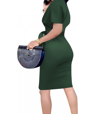 Women's Crewneck Batwing Short Sleeve Bodycon Work Pencil Mini Dress with Belt Dark Green $25.84 Dresses