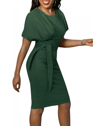 Women's Crewneck Batwing Short Sleeve Bodycon Work Pencil Mini Dress with Belt Dark Green $25.84 Dresses