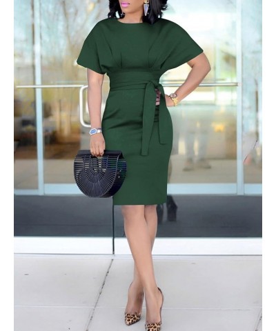 Women's Crewneck Batwing Short Sleeve Bodycon Work Pencil Mini Dress with Belt Dark Green $25.84 Dresses