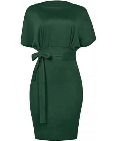 Women's Crewneck Batwing Short Sleeve Bodycon Work Pencil Mini Dress with Belt Dark Green $25.84 Dresses