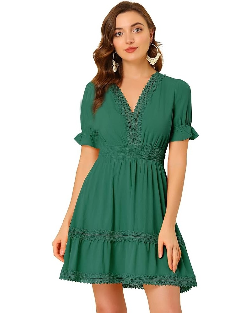 Women's Boho Crochet Trim Puff Sleeve V Neck Smocked Waist Ruffled Tiered Dress Lake Green $25.84 Dresses