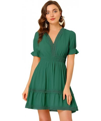 Women's Boho Crochet Trim Puff Sleeve V Neck Smocked Waist Ruffled Tiered Dress Lake Green $25.84 Dresses