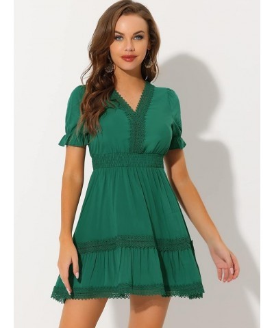 Women's Boho Crochet Trim Puff Sleeve V Neck Smocked Waist Ruffled Tiered Dress Lake Green $25.84 Dresses