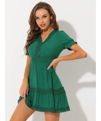 Women's Boho Crochet Trim Puff Sleeve V Neck Smocked Waist Ruffled Tiered Dress Lake Green $25.84 Dresses