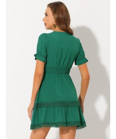 Women's Boho Crochet Trim Puff Sleeve V Neck Smocked Waist Ruffled Tiered Dress Lake Green $25.84 Dresses