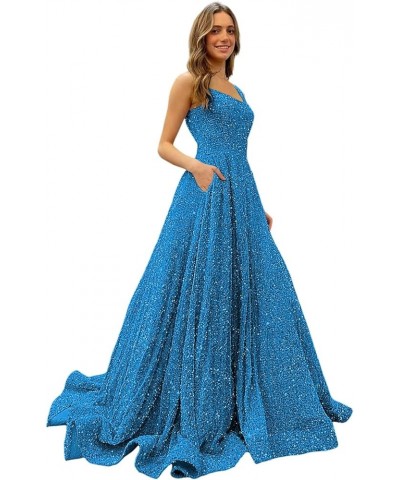 Sparkly Sequins Spaghetti Straps Prom Dresses A-Line Long Formal Ball Gowns with Pockets for Women CYM213 Steel Blue $35.52 D...