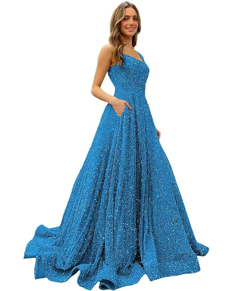 Sparkly Sequins Spaghetti Straps Prom Dresses A-Line Long Formal Ball Gowns with Pockets for Women CYM213 Steel Blue $35.52 D...